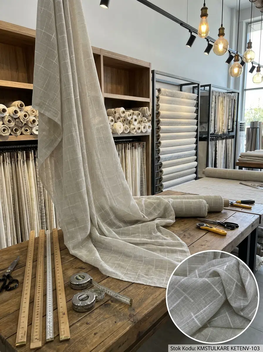 Armül Kare Geometri Dokulu Perdelik Kumaş 100x300 - BEJ