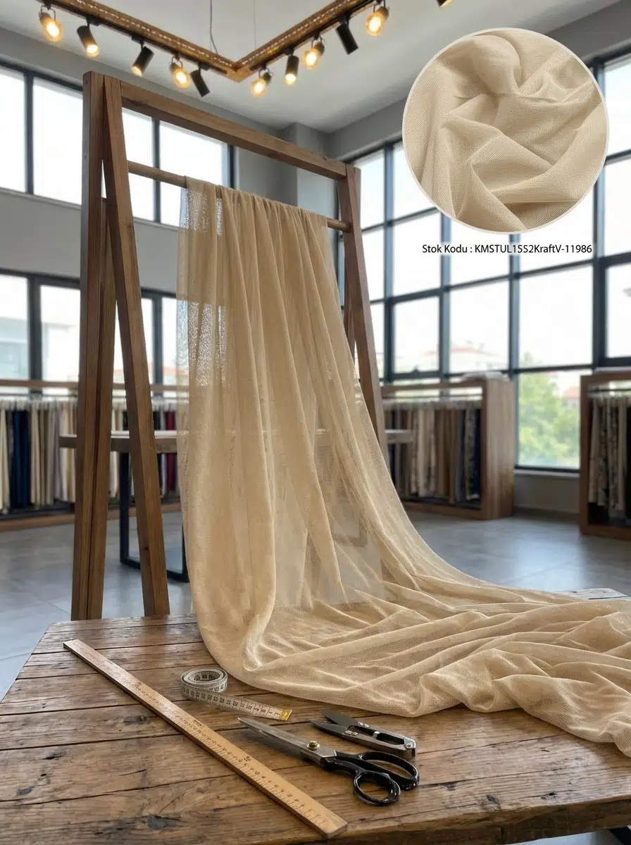 Dekoratif Keten Efektli Tül Perdelik Kumaş 100en300boy - AÇIK BEJ