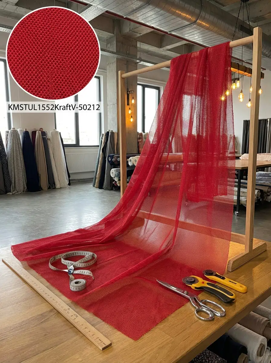 Dekoratif Keten Efektli Tül Perdelik Kumaş 100en300boy - KIRMIZI