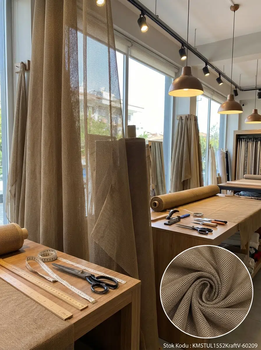 Dekoratif Keten Efektli Tül Perdelik Kumaş 100en300boy - KAHVE