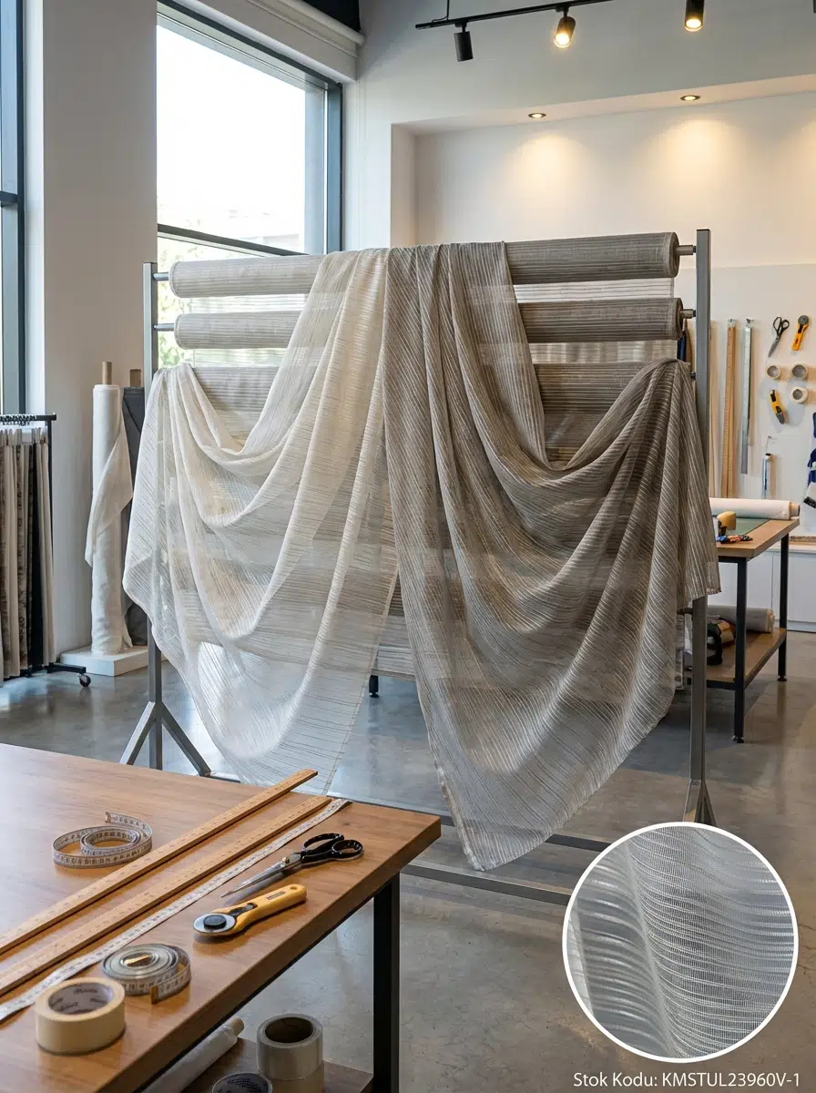 Fantazi Dekoratif Çizgili Tül Perdelik Kumaş 100en300boy - KREM