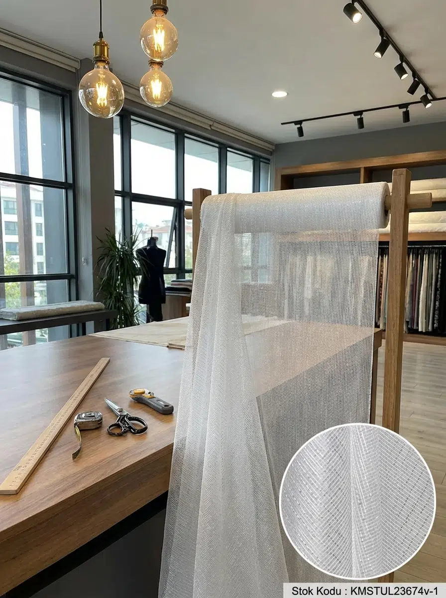 Fantazi Dekoratif Çizgili Tül Perdelik Kumaş 100en300boy - EKRU