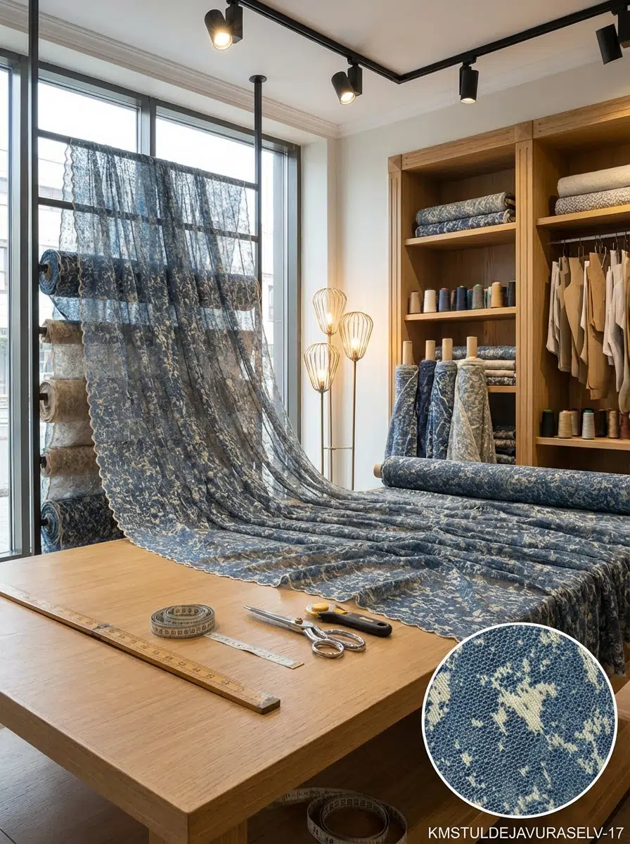 Raşel Jakar Desenli Tül Perdelik Kumaş 100en300boy - MAVİ-KREM